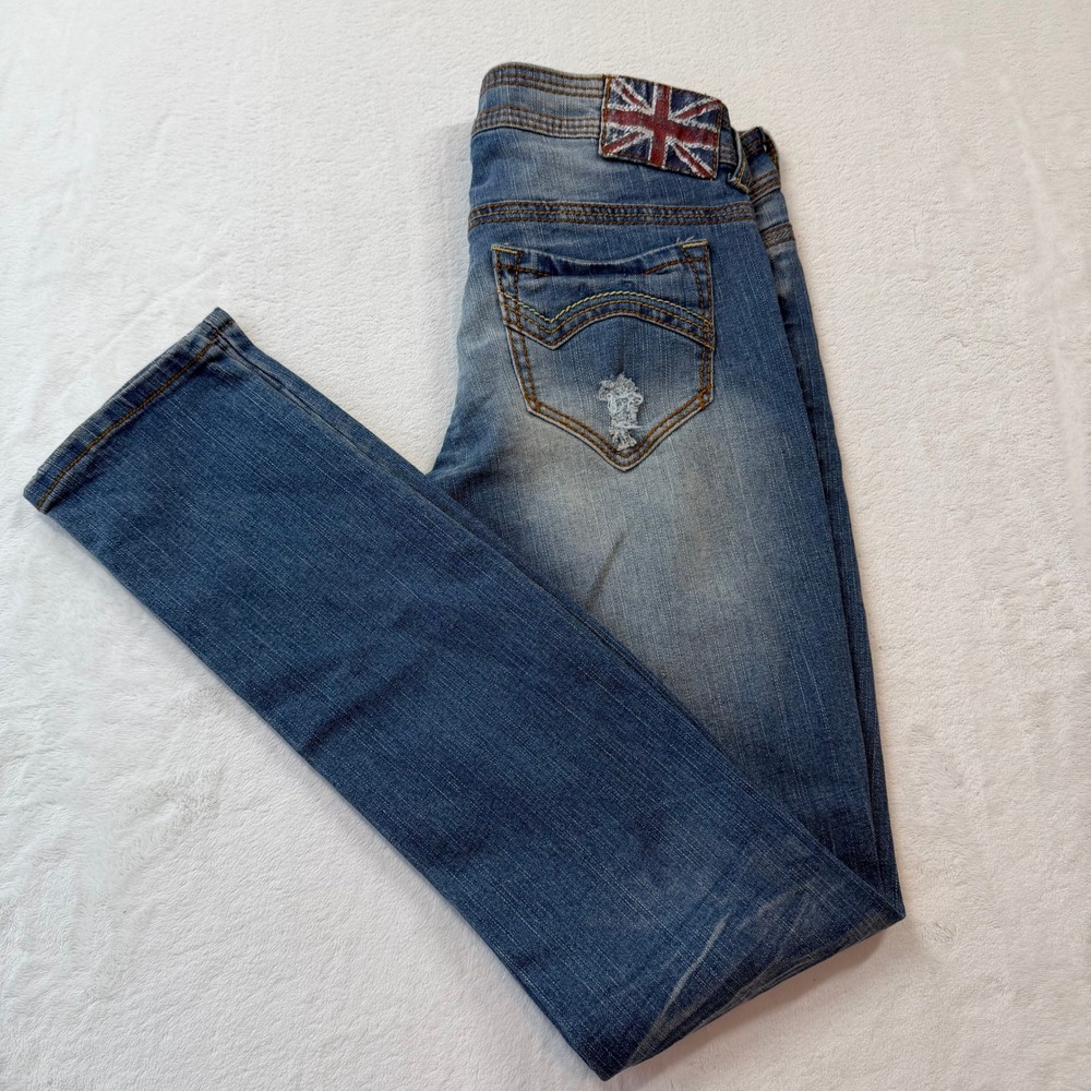 Dollhouse Skinny Jean Women 5 Blue Good Distress Union Jack Low Rise LT-1572MEI - Picture 13 of 13
